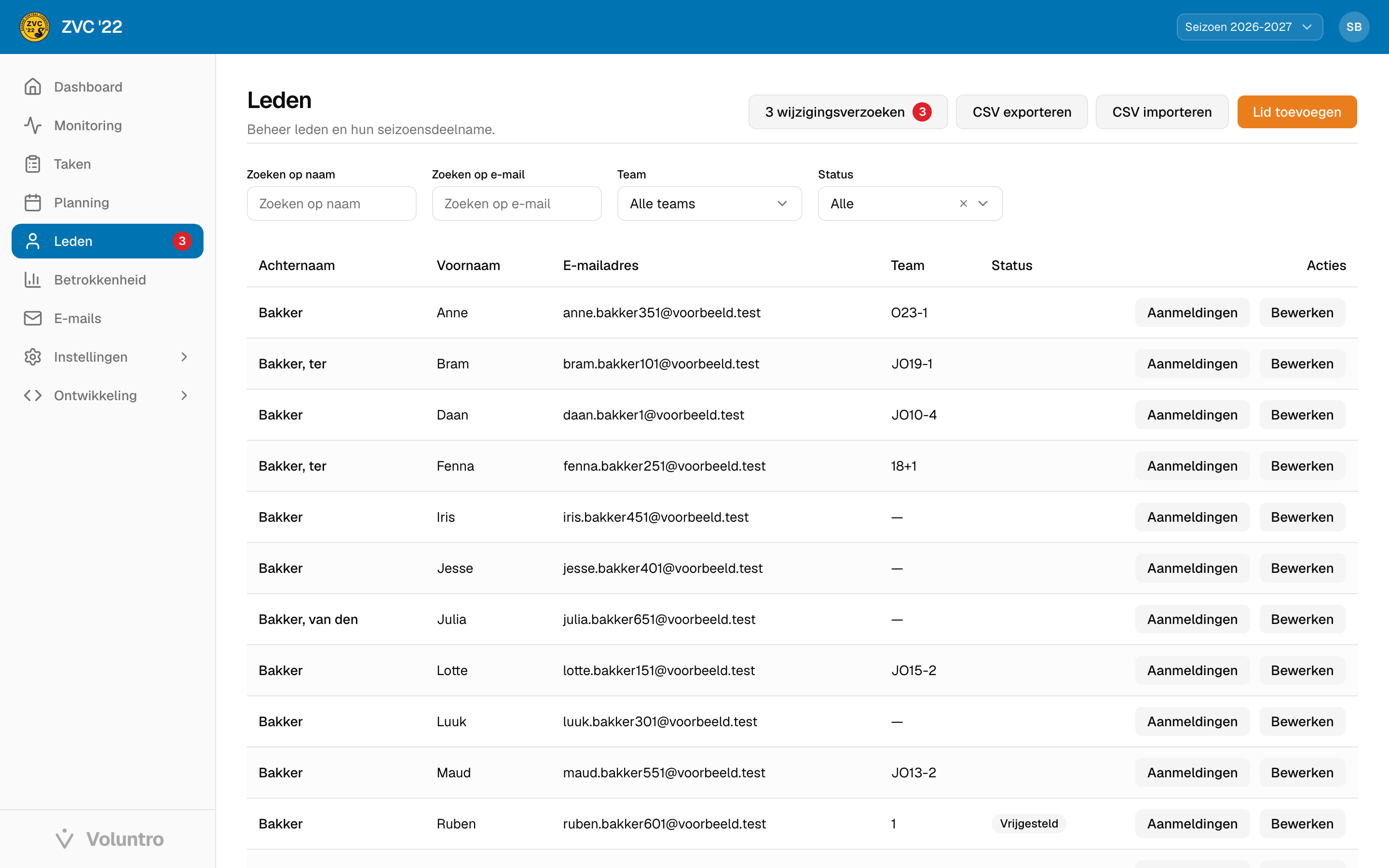 Ledenlijst met zoekvelden, teamfilter en statusfilter