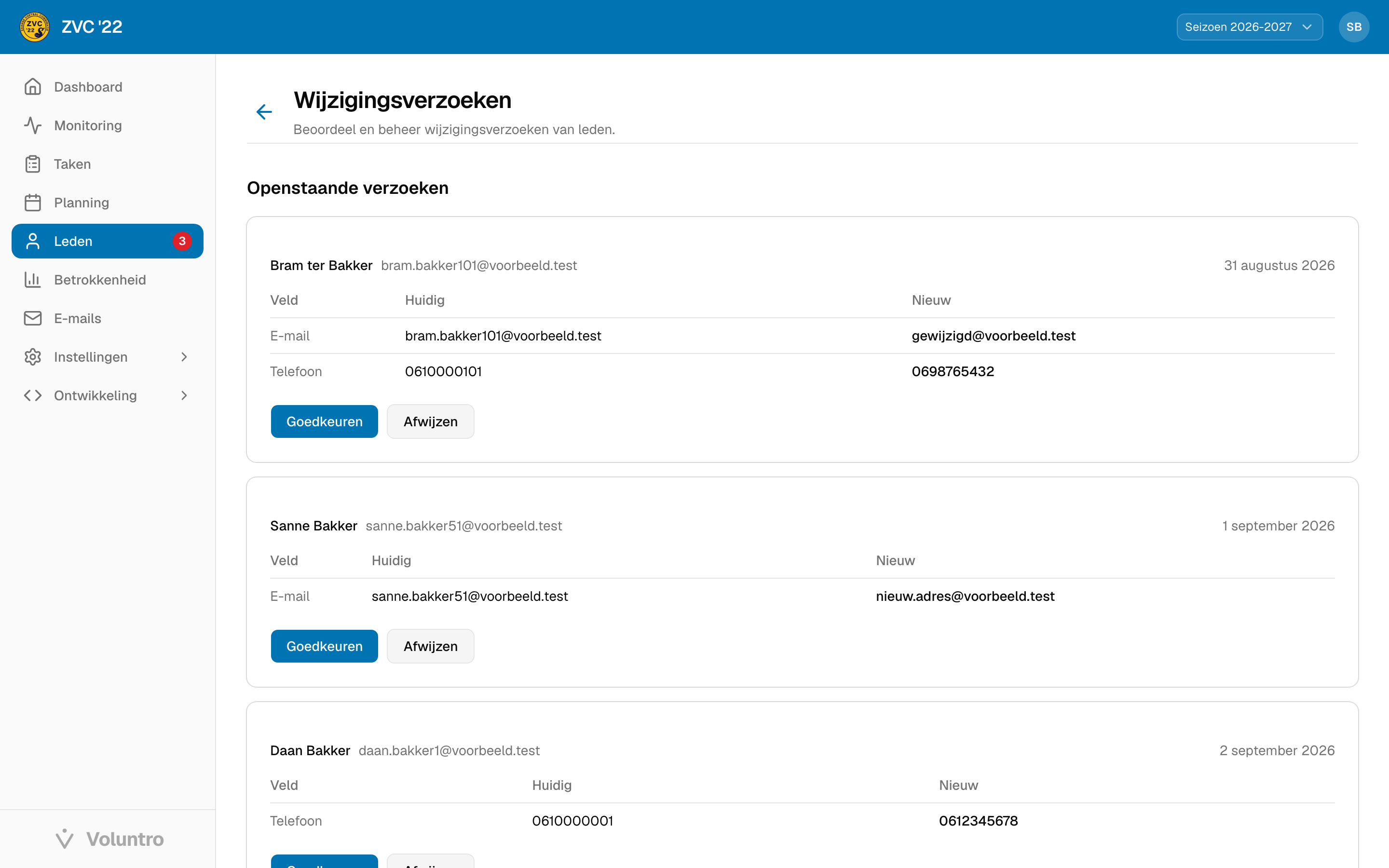 Wijzigingsverzoeken met per verzoek de huidige en de nieuwe waarde